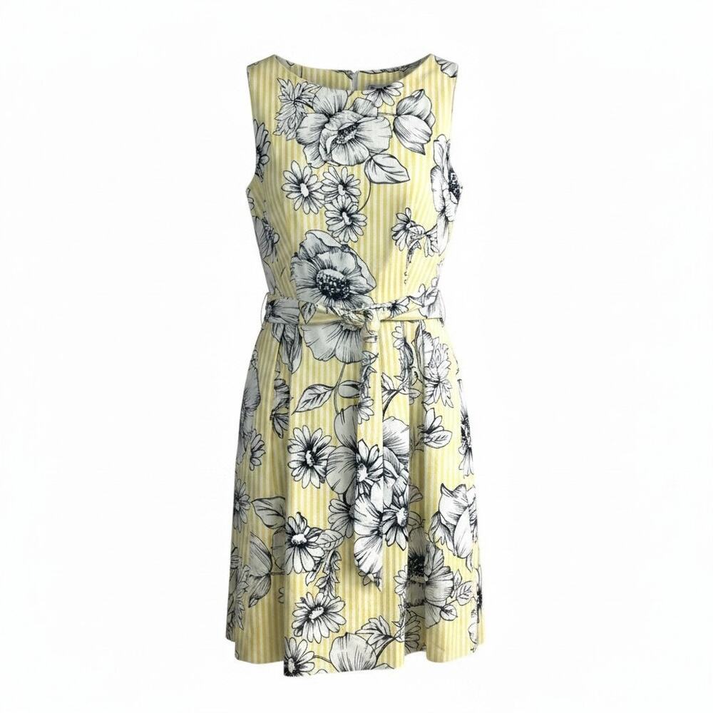 Anne Klein Women's Size M Fit & Flare Dress Yellow White Floral Self-Tie Belt